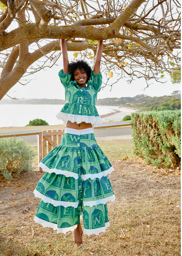 Binny THE ENCHANTED WOOD. Linen Viscose Button Through Skirt with Tea Lily