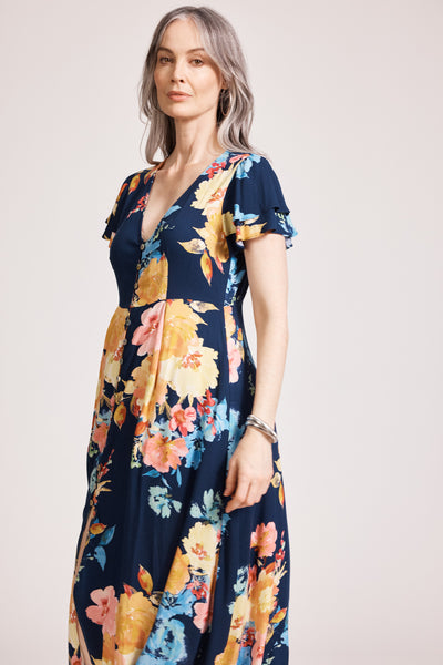 Eb & Ive - Parisio Button Midi Dress - Indigo Bloom FINAL SALE