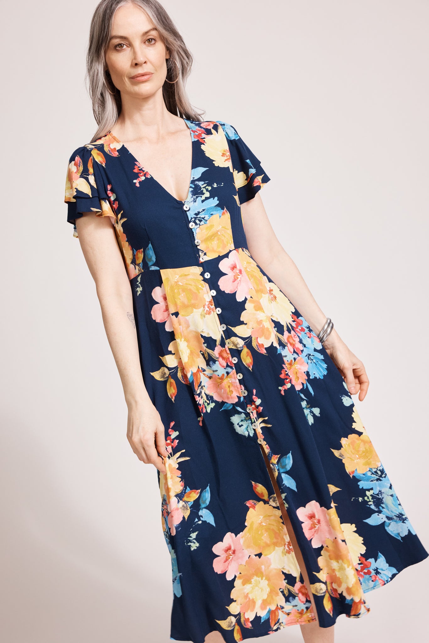 Eb & Ive - Parisio Button Midi Dress - Indigo Bloom FINAL SALE