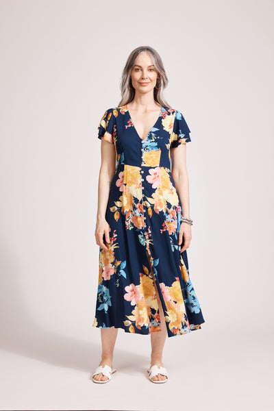 Eb & Ive - Parisio Button Midi Dress - Indigo Bloom FINAL SALE