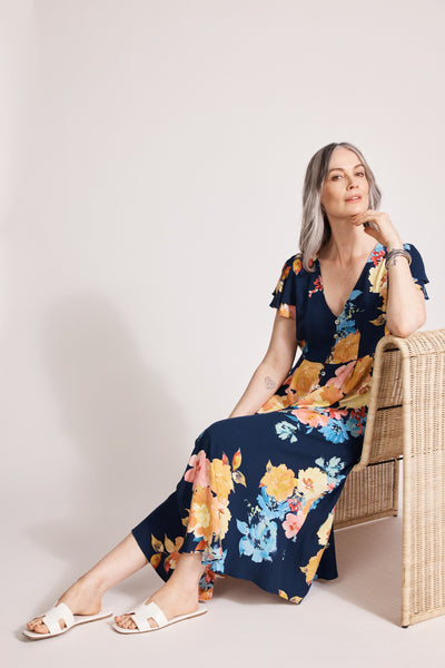 Eb & Ive - Parisio Button Midi Dress - Indigo Bloom FINAL SALE