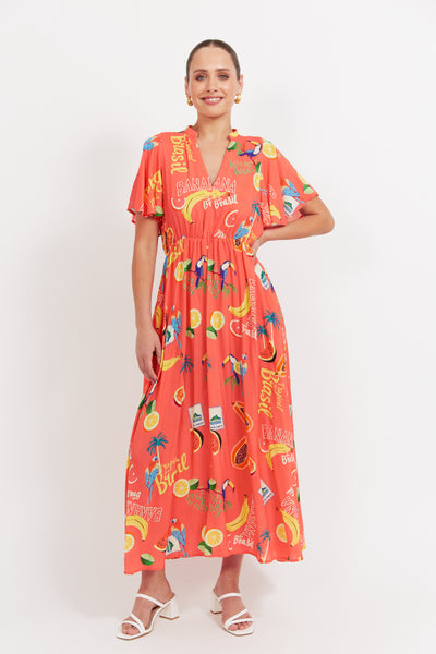 Haven - Cabana V Neck Maxi Dress - Brasil Coral