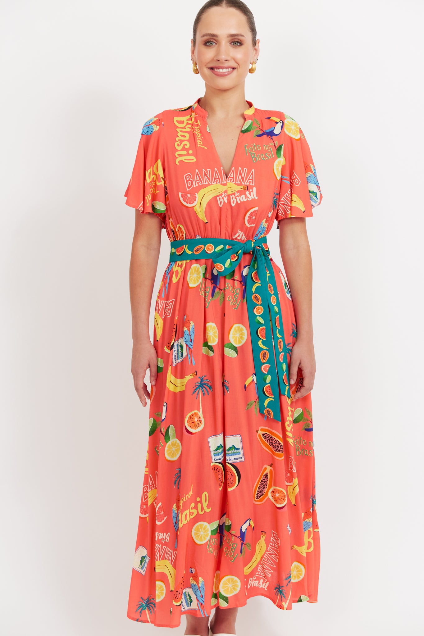 Haven - Cabana V Neck Maxi Dress - Brasil Coral