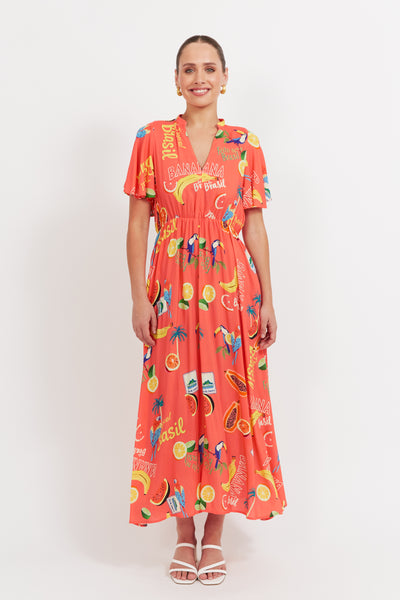 Haven - Cabana V Neck Maxi Dress - Brasil Coral