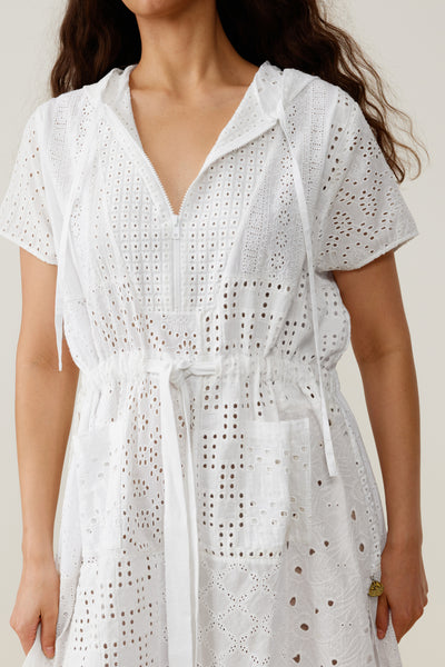 BINNY - WAIKIKI Cotton broderie kaftan with zipper, drawstring waist, front pockets, hood & high side splits.
