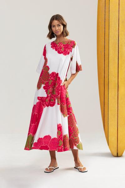 Binny - HIBISCUS - 100% Cotton Midi Dress - Hibiscus