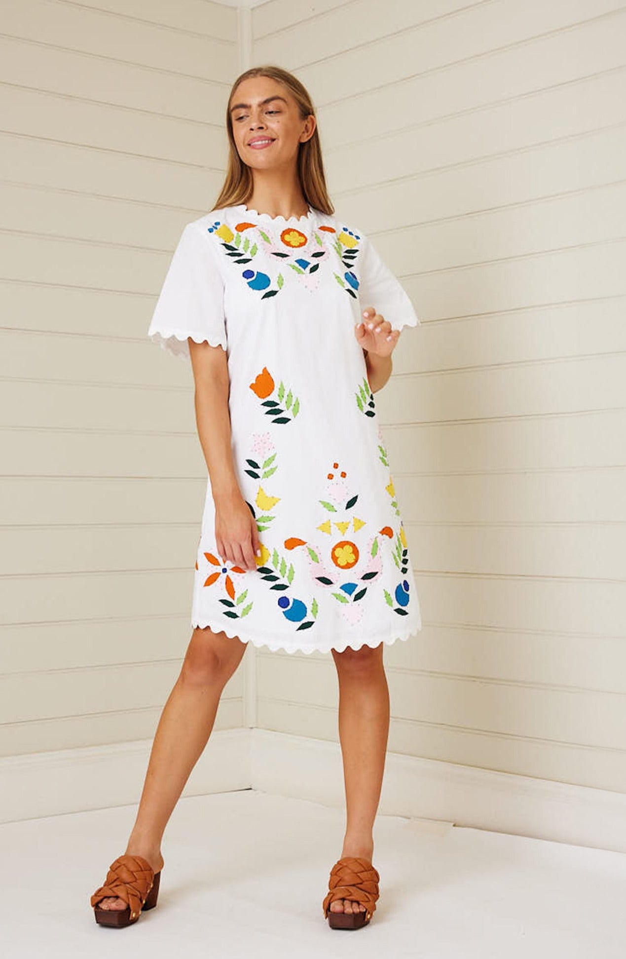 Binny - THE QUILTING SOCIETY Cotton poplin mini shift dress with applique jumbo ric rac trim detail.