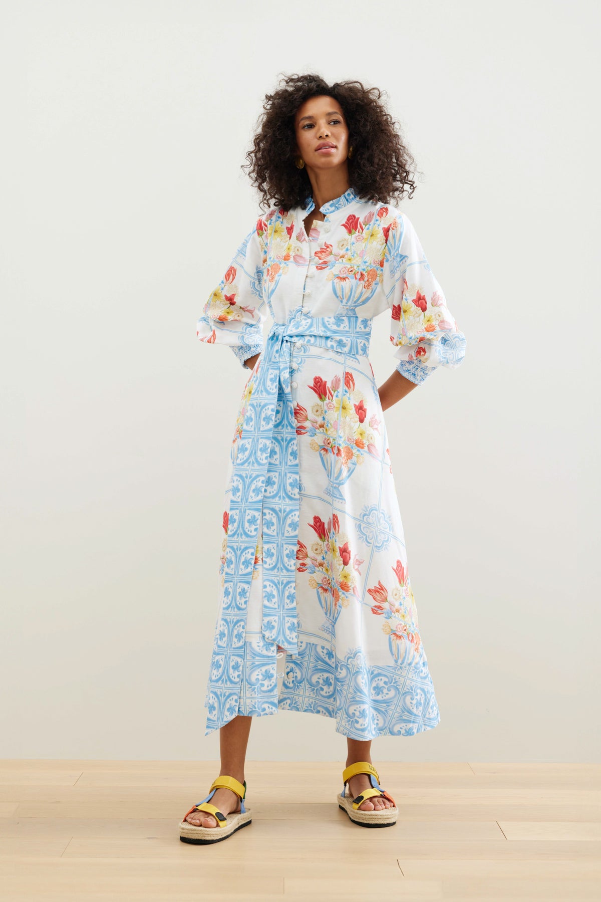 Binny VIVA LA FRIDA White Multi Linen Viscose Midi Dress Tea Lily