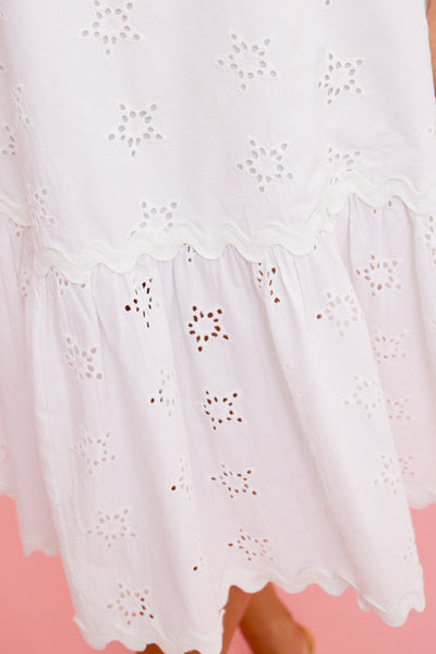 Binny - BRANDY SNAPS DRESS - Snow White - Cotton Broderie Star Shoulder Tie Dress with Jumbo RicRac detail.