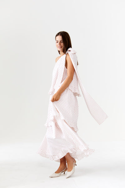 Binny - Plum Pudding - 100% Cotton One Shoulder Maxi Dress - Polka Dot