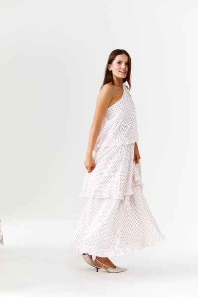 Binny - Plum Pudding - 100% Cotton One Shoulder Maxi Dress - Polka Dot