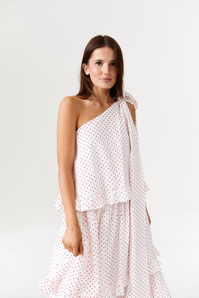 Binny - Plum Pudding - 100% Cotton One Shoulder Maxi Dress - Polka Dot