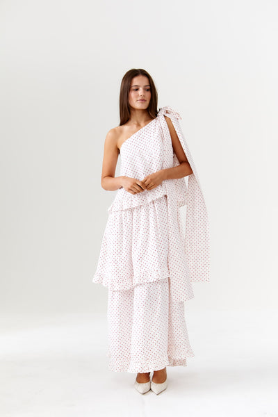 Binny - Plum Pudding - 100% Cotton One Shoulder Maxi Dress - Polka Dot