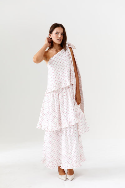 Binny - Plum Pudding - 100% Cotton One Shoulder Maxi Dress - Polka Dot