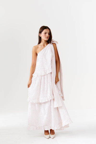 Binny - Plum Pudding - 100% Cotton One Shoulder Maxi Dress - Polka Dot