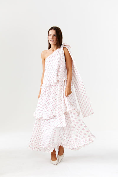 Binny - Plum Pudding - 100% Cotton One Shoulder Maxi Dress - Polka Dot