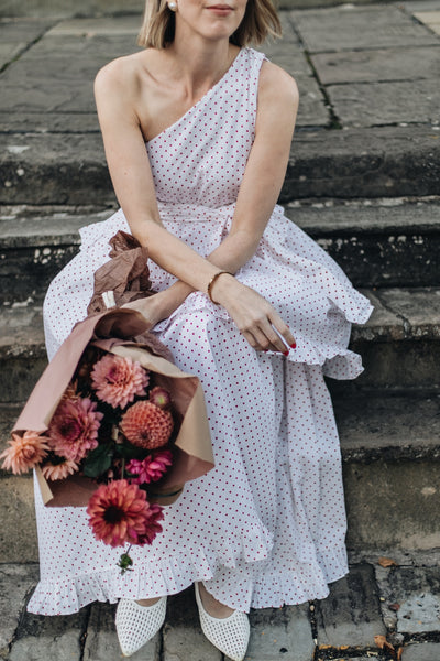 Binny - Plum Pudding - 100% Cotton One Shoulder Maxi Dress - Polka Dot