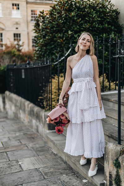 Binny - Plum Pudding - 100% Cotton One Shoulder Maxi Dress - Polka Dot