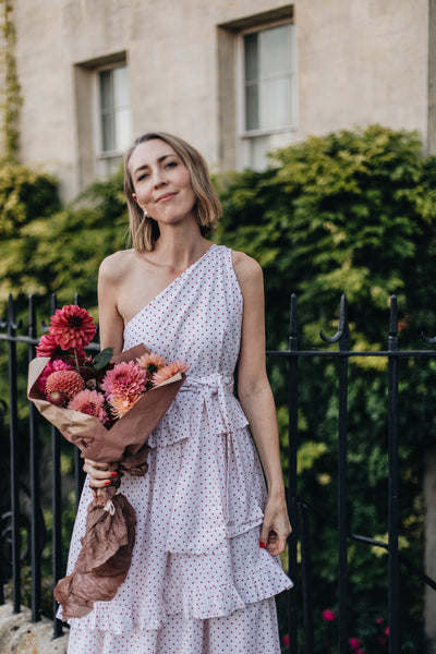 Binny - Plum Pudding - 100% Cotton One Shoulder Maxi Dress - Polka Dot
