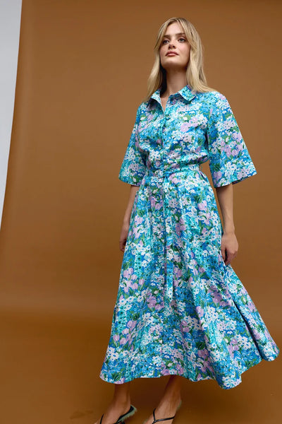 Binny - THE CLUBHOUSE - 100% Cotton Collared Midi Dress - Blue Clubhouse Sofa