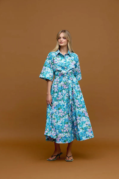 Binny - THE CLUBHOUSE - 100% Cotton Collared Midi Dress - Blue Clubhouse Sofa