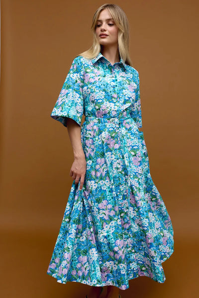 Binny - THE CLUBHOUSE - 100% Cotton Collared Midi Dress - Blue Clubhouse Sofa