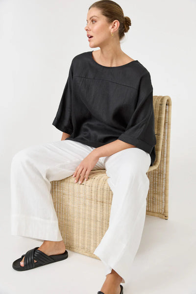 Eb & Ive - Studio Relaxed Top Linen - Ebony Black