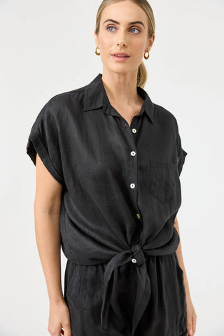 Eb & Ive - Studio Tie Shirt Linen - Ebony Black