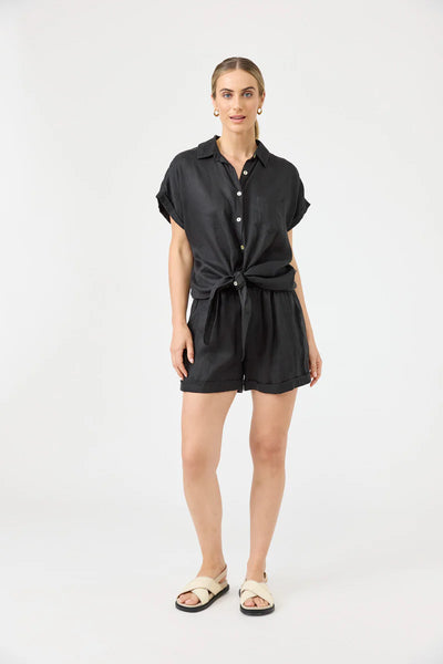 Eb & Ive - Studio Tie Shirt Linen - Ebony Black
