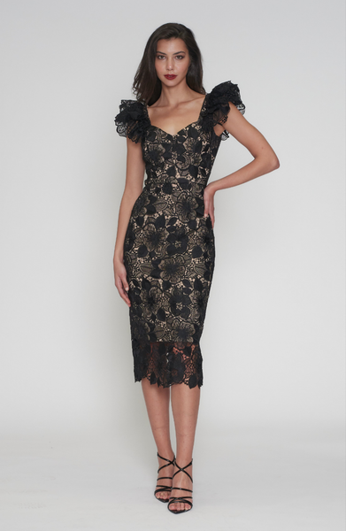 Romance - Paris Frill Sleeve Midi Dress - Black/Nude FINAL SALE