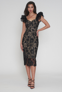 Romance - Paris Frill Sleeve Midi Dress - Black/Nude FINAL SALE