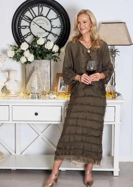 Imagine - Moss Green Odette Dress Silk Ruffle Layers 10IM7514