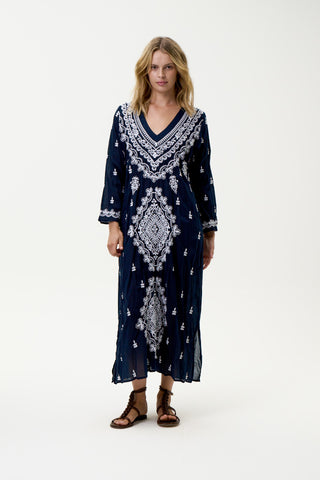 Oneseason - Long Goa Embroidery - Cotton - Navy/White
