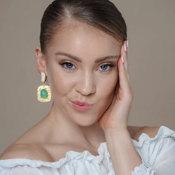 Meshca - Pearl and Aqua Hammered Earrings