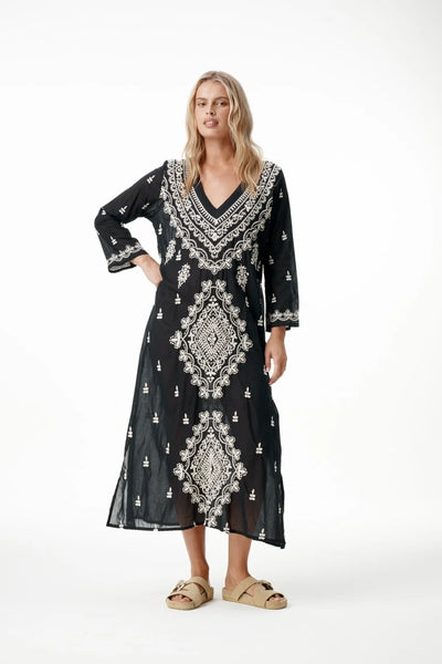 Oneseason - Long Goa Embroidery - Cotton - Black/White
