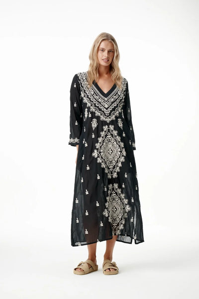 Oneseason - Long Goa Embroidery - Cotton - Black/White