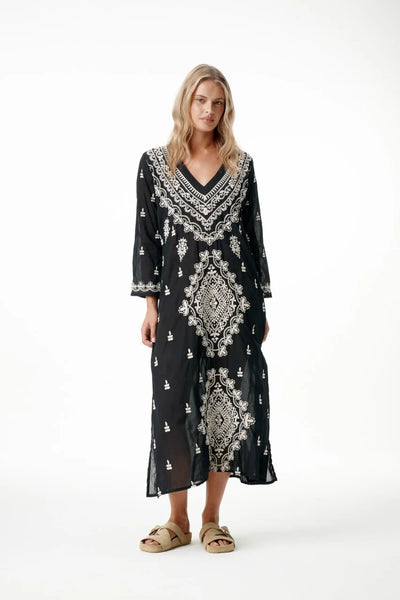 Oneseason - Long Goa Embroidery - Cotton - Black/White