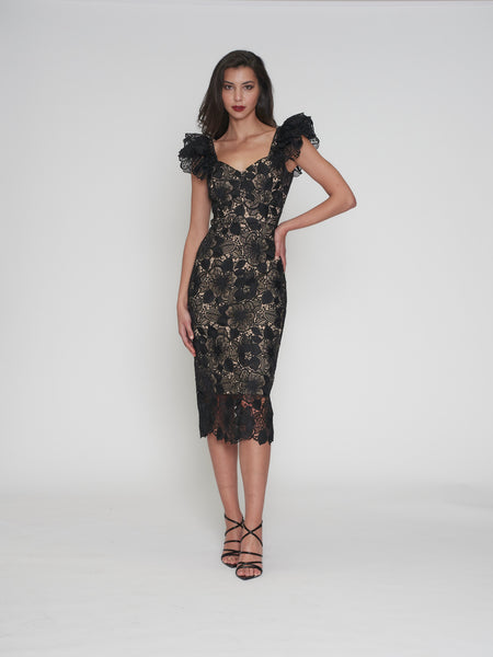 Romance - Paris Frill Sleeve Midi Dress - Black/Nude
