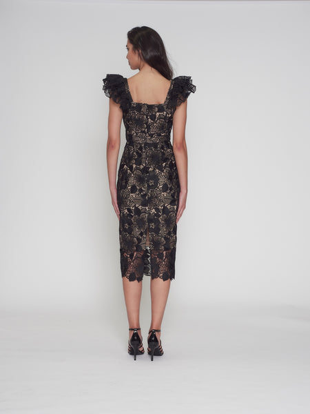 Romance - Paris Frill Sleeve Midi Dress - Black/Nude