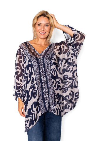 The Italian Closet - Andeia Silk print v neck tunic - Navy