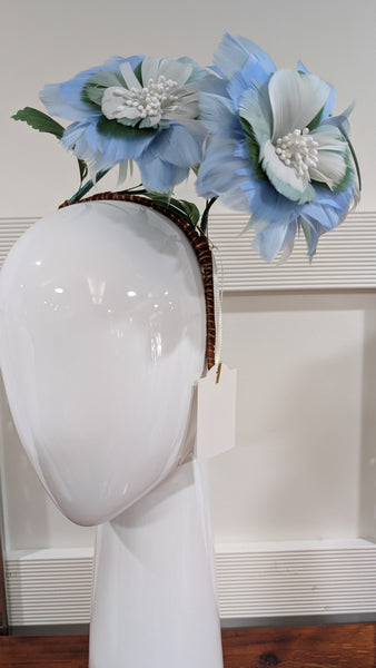 Melanie Ferrero - White Headband with Blue Feather Flowers