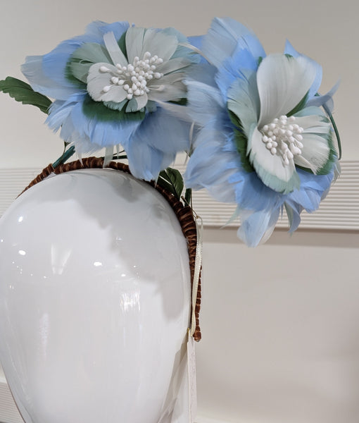 Melanie Ferrero - White Headband with Blue Feather Flowers