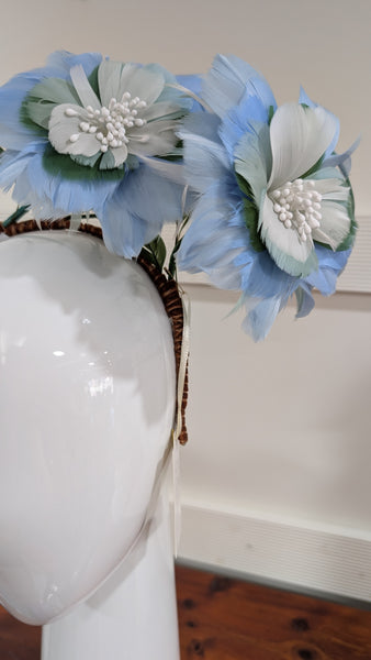 Melanie Ferrero - White Headband with Blue Feather Flowers
