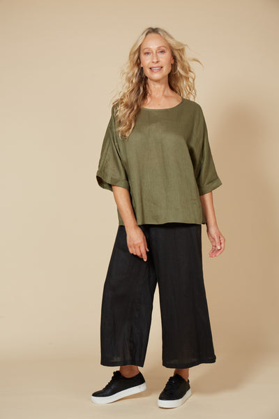 Eb & Ive - Studio Relaxed Top Linen - Khaki