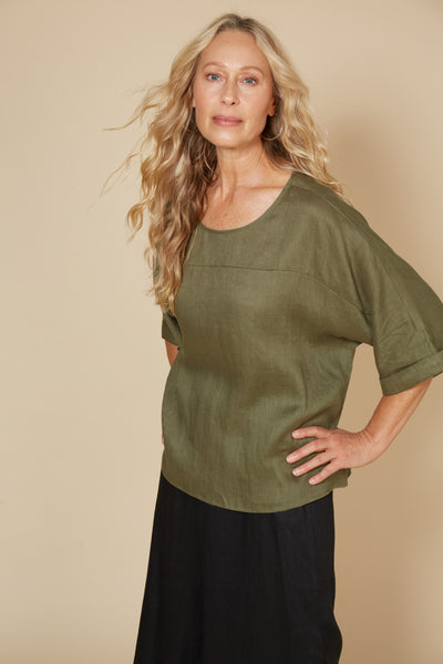 Eb & Ive - Studio Relaxed Top Linen - Khaki