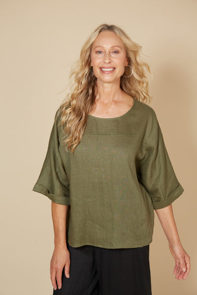 Eb & Ive - Studio Relaxed Top Linen - Khaki