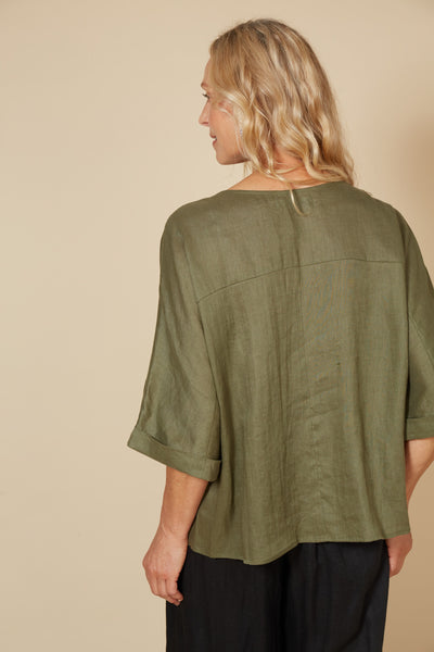 Eb & Ive - Studio Relaxed Top Linen - Khaki