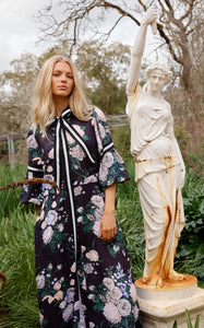 Binny FLORA Viscose Linen Midi Dress w pockets Hydrangea Tea Lily