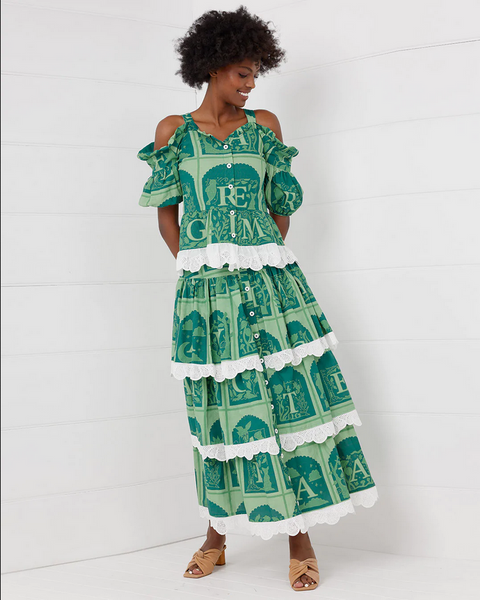 Binny - "THE ENCHANTED WOOD." Linen Viscose Button Through Skirt with Self Tie Belt - Green Print