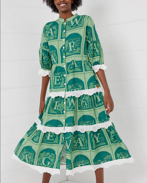 Binny - "THE MAGIC FARAWAY TREE." Linen/Viscose Button Through Maxi Dress with Self Tie Belt - Green Print